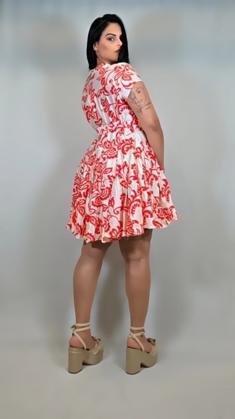 Red Floral Button Front Mini Dress