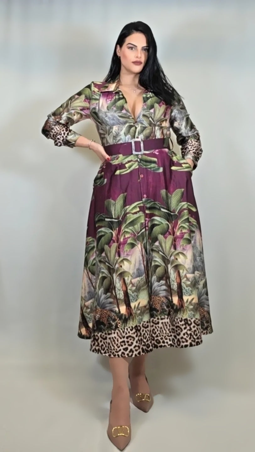 Satin Tropical Print Belted Dress