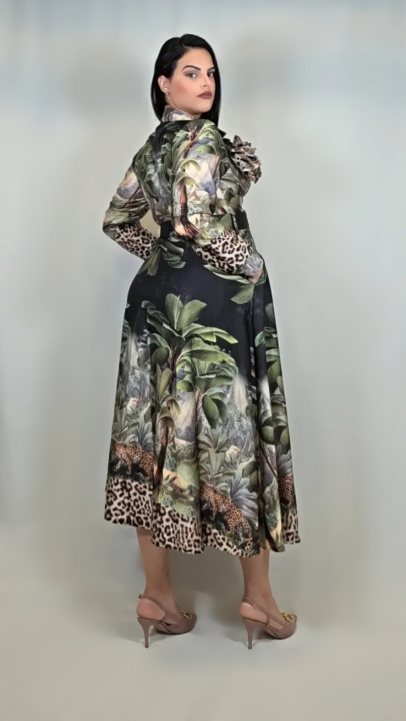 Satin Tropical Print Belted Dress