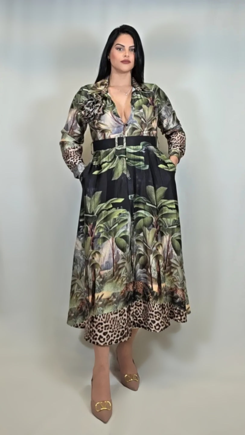 Satin Tropical Print Belted Dress