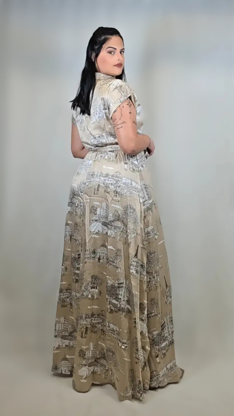 Button Down Belted Maxi Abstract Dress