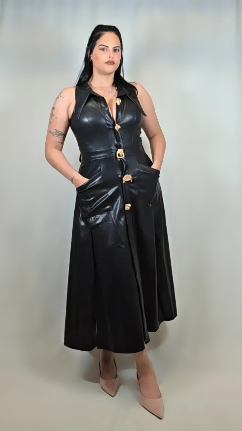 Faux Leather Black Midi Dress