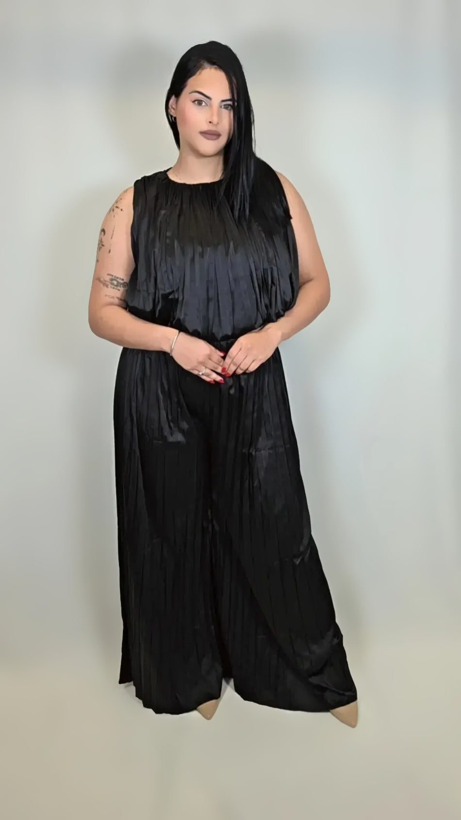 Satin Plisse Wide Leg Pant Set