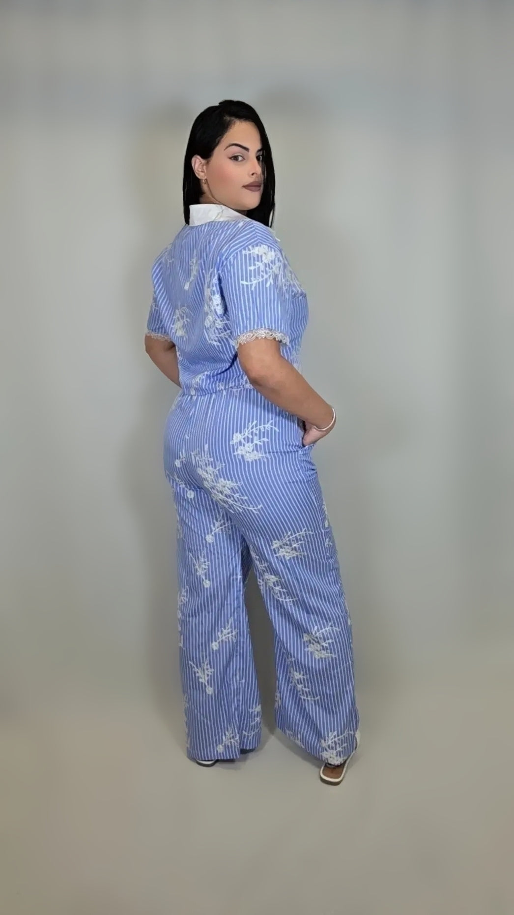 Embroided Striped Pants Set