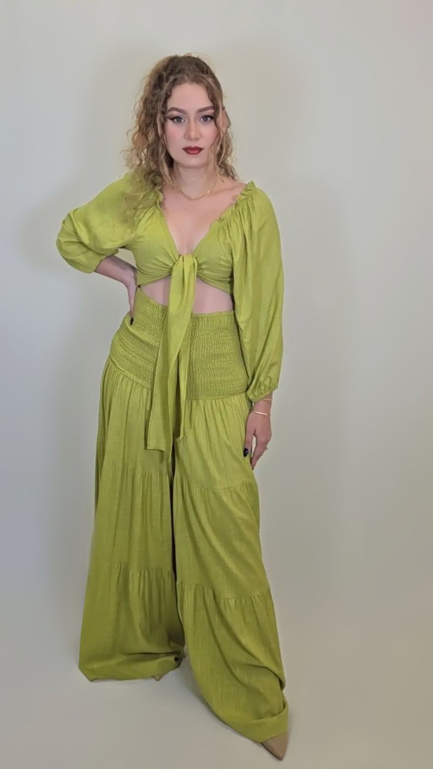 Olive Glow Tie-Front Set – Boho Luxe Edition