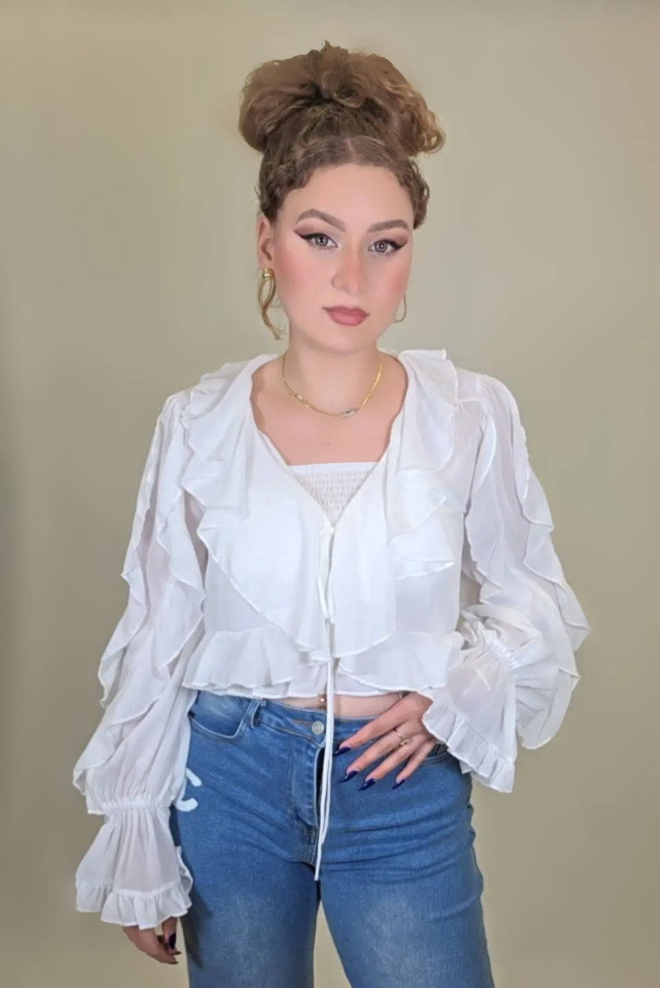 Ruffle Romance Tie-Front Blouse – Crisp White Edition