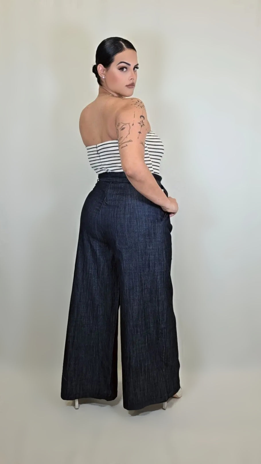 High Rise Denim and Striped Jumpsuit