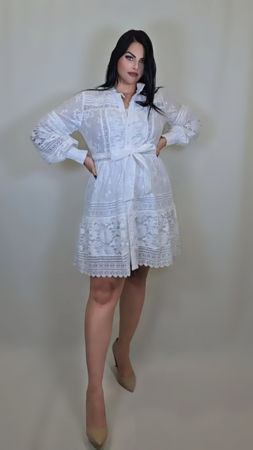 Summer White Short Dress Women Elegant Lace Stitching