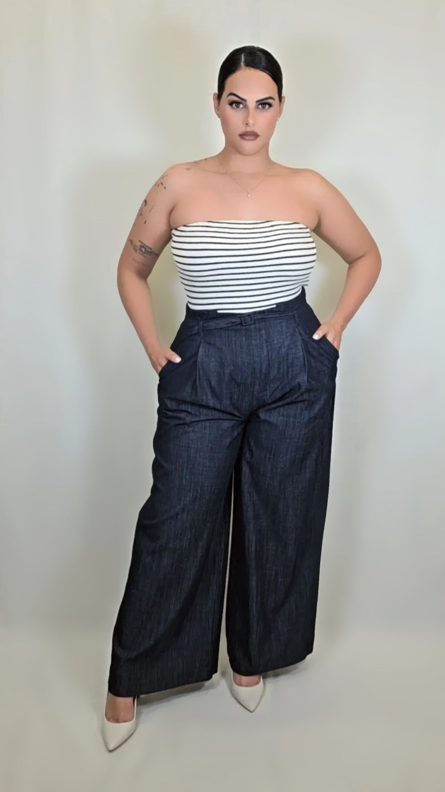 High Rise Denim and Striped Jumpsuit
