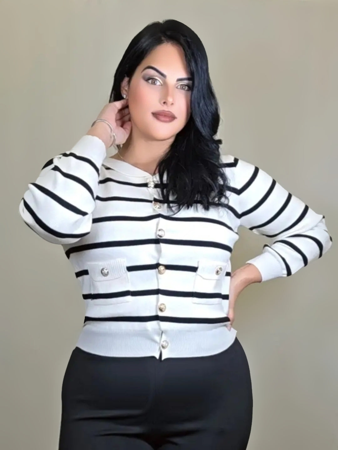 Spring Autumn Cardigan Striped Sweater Button-Up