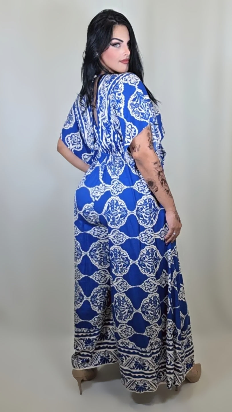 Kimono Sleeve Front Tie Printed Wide Leg Jumpsuit