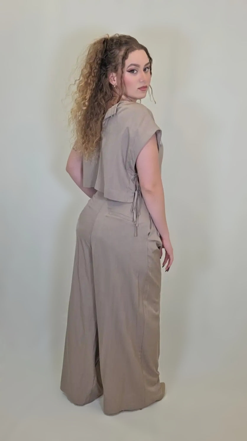 Taupe Tailored Two-Piece Set – Side Tie & Pleated Edition