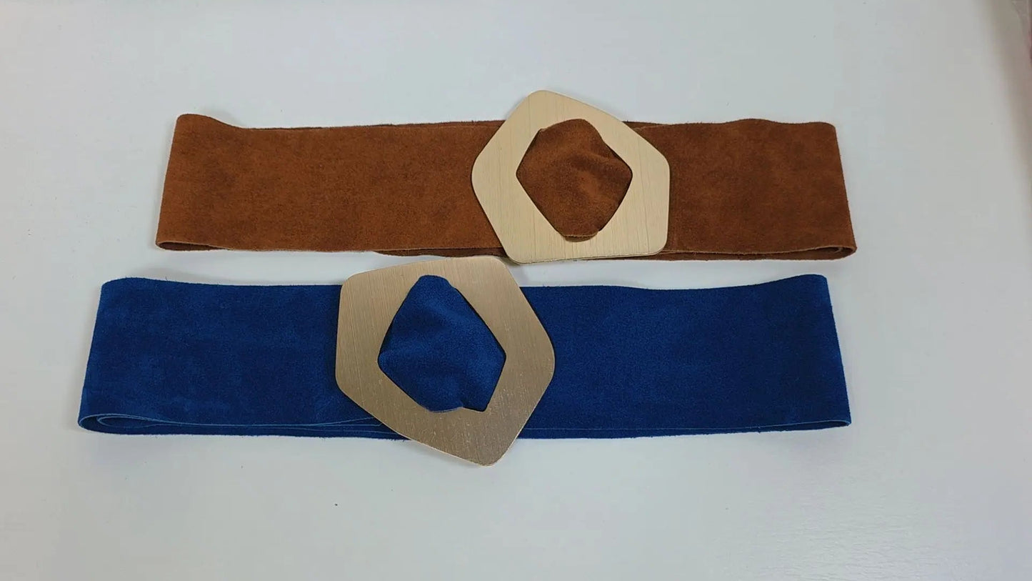 Real Suede Wide Waist Belt With Gold Buckle