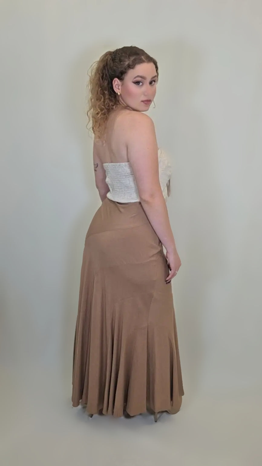 Mocha Sway Maxi Skirt with Crop Top – Soft Drape Edition