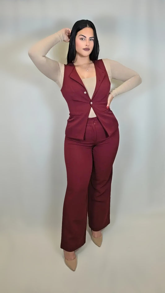 Burgundy Suit 2-Piece Sleeveless Vest and Pant