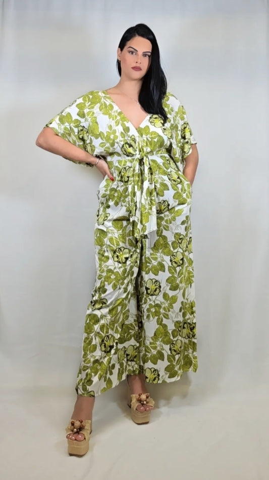 Floral Print Front Tie Kimono Jumpsuit
