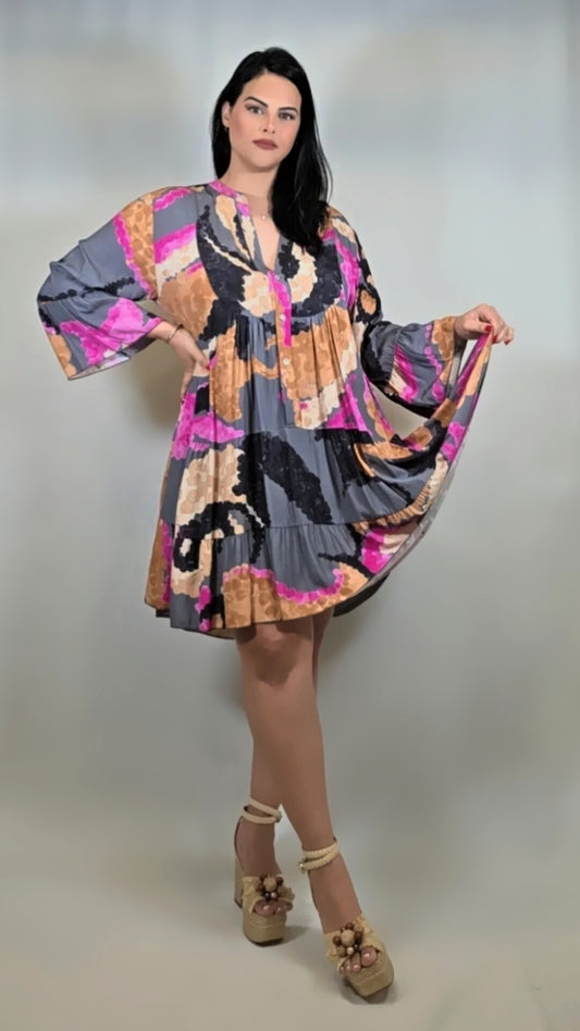 Bohemian Print Short Dress Flowy Loose Fit