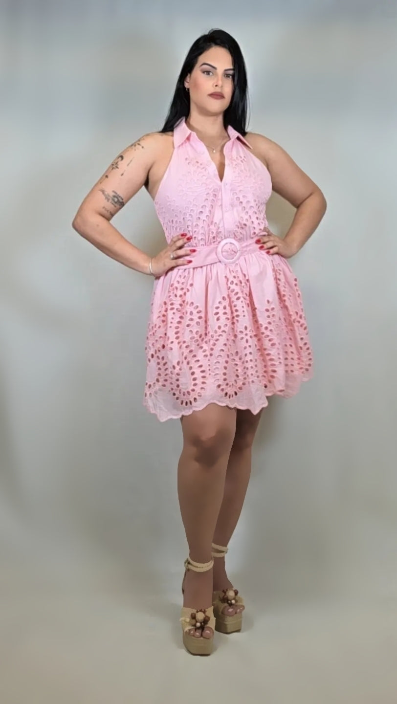 Pink Broided Belted Mini Dress