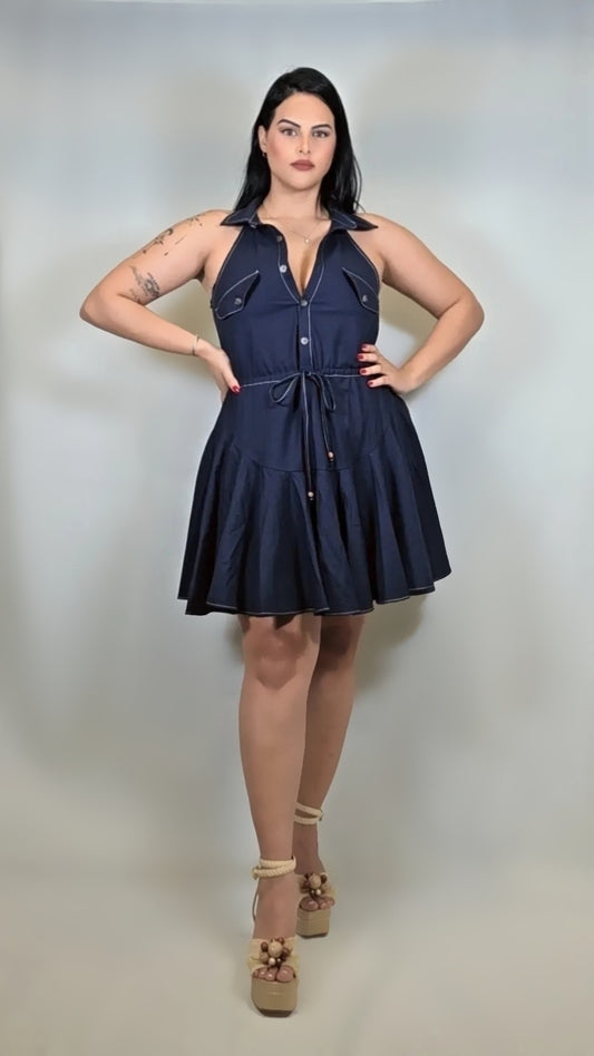 Denim Halter Neck Button Down Mini Shirt Dress