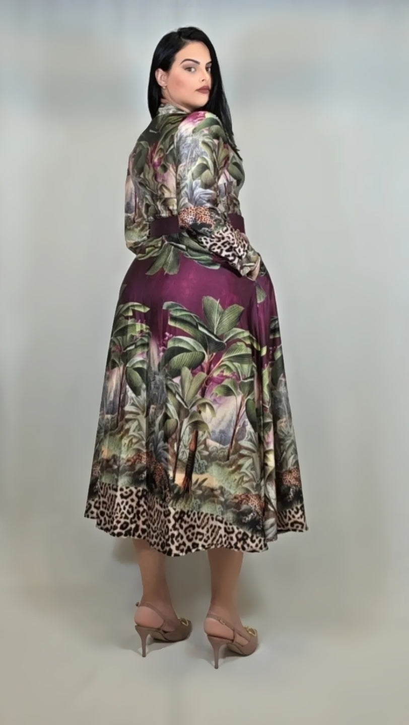 Satin Tropical Print Belted Dress