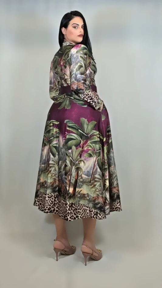 Satin Tropical Print Belted Dress