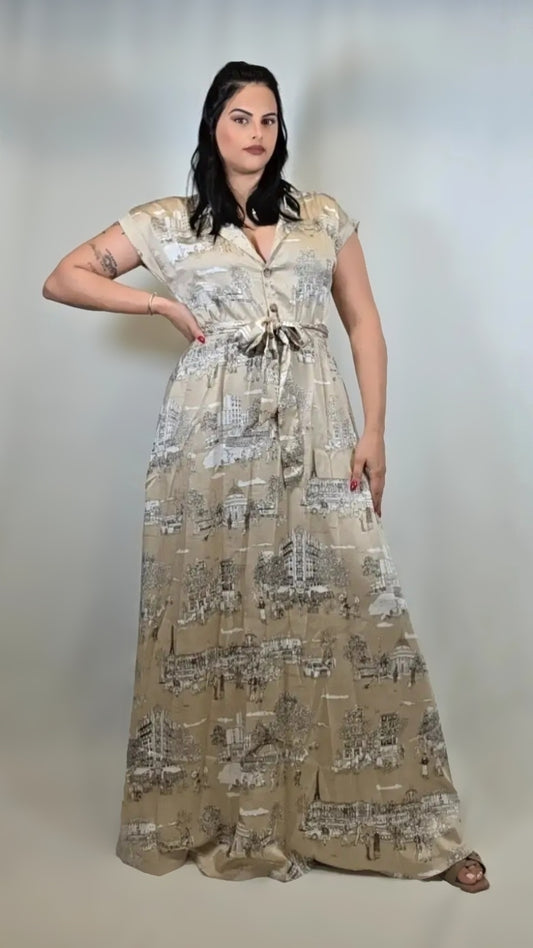 Button Down Belted Maxi Abstract Dress