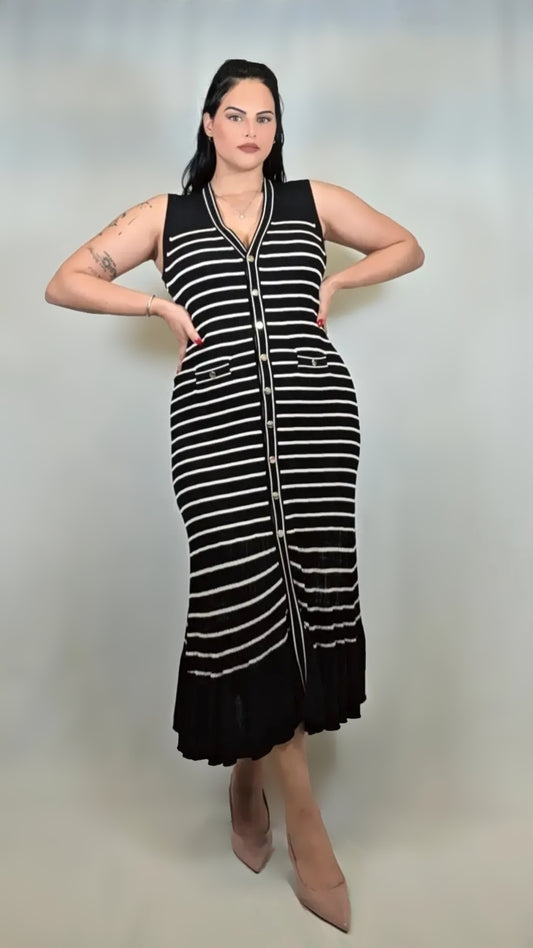 Button Down Stripe Dress In Black