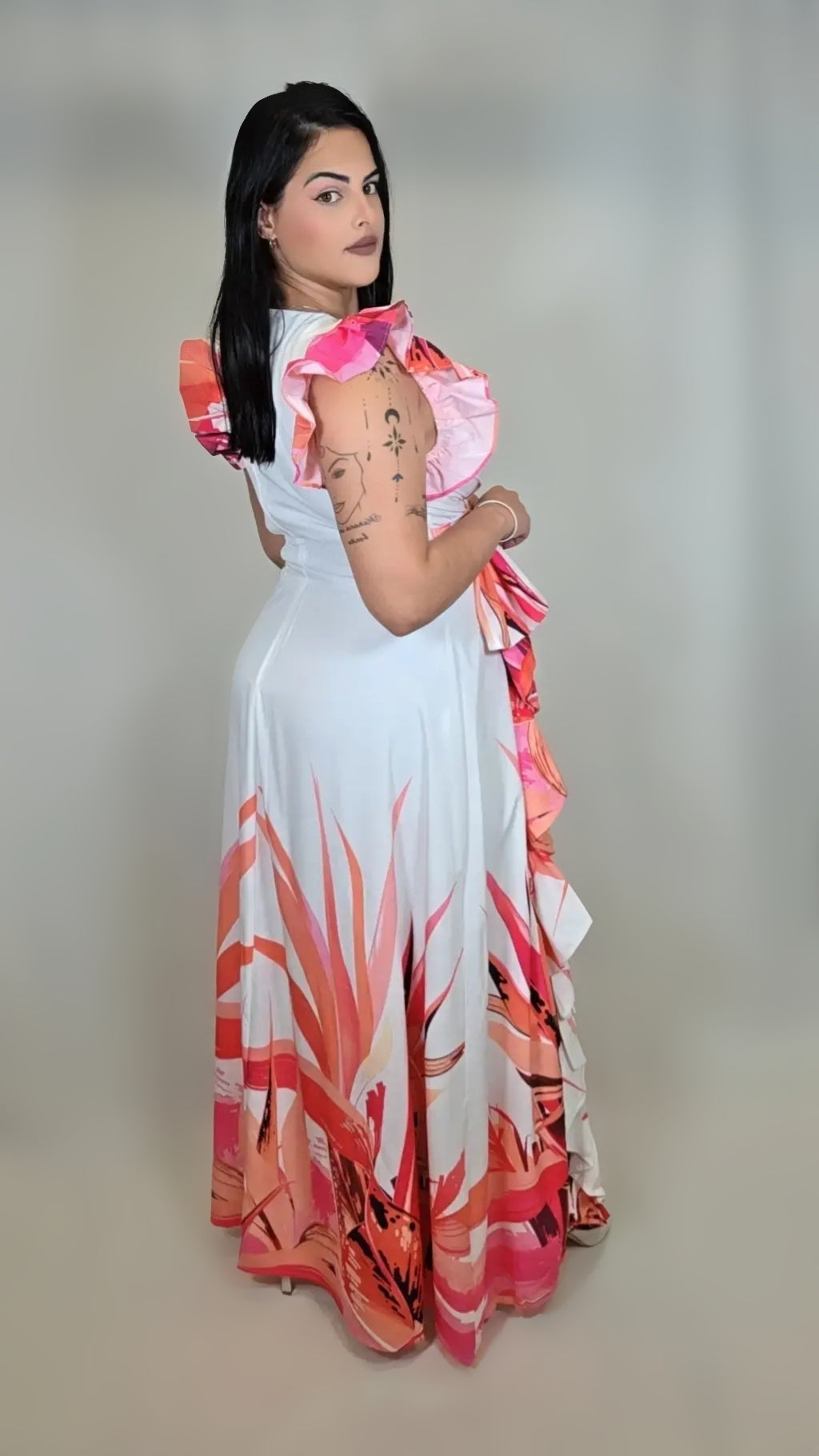 Printed Maxi Dress Flutter Sleeve V-Neckline