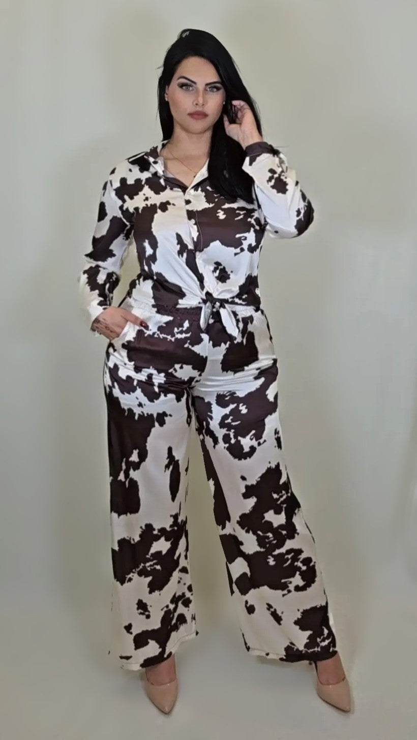 Satin Cow Print Long Sleeve Shirt Pants Set