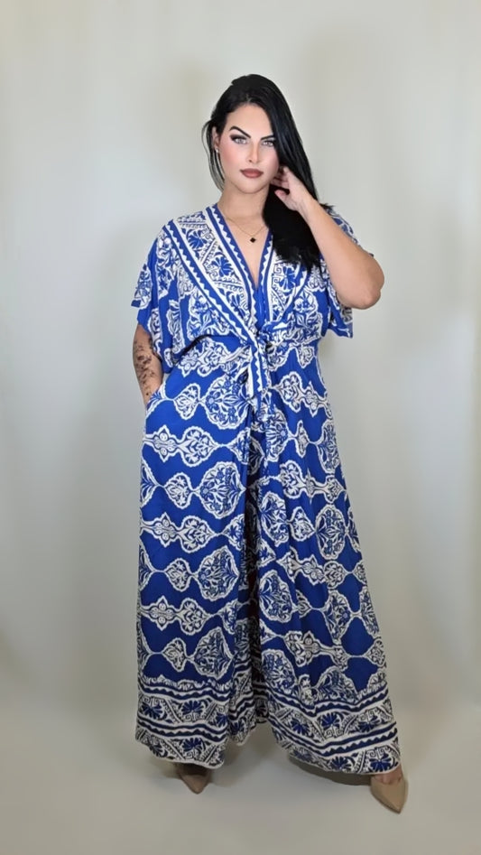 Kimono Sleeve Front Tie Printed Wide Leg Jumpsuit