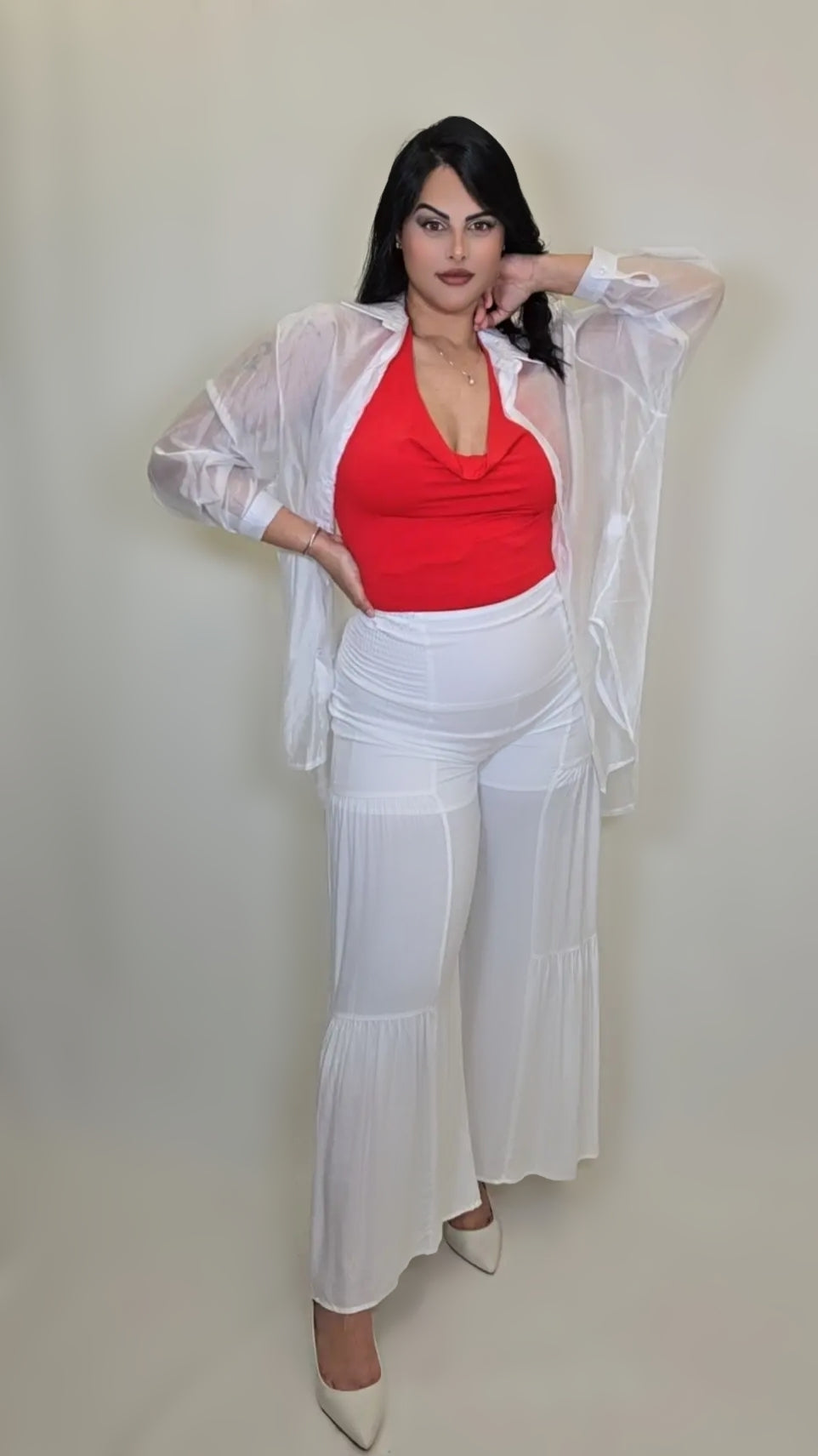 Long Sleeve Button Drop Sheer Shirt