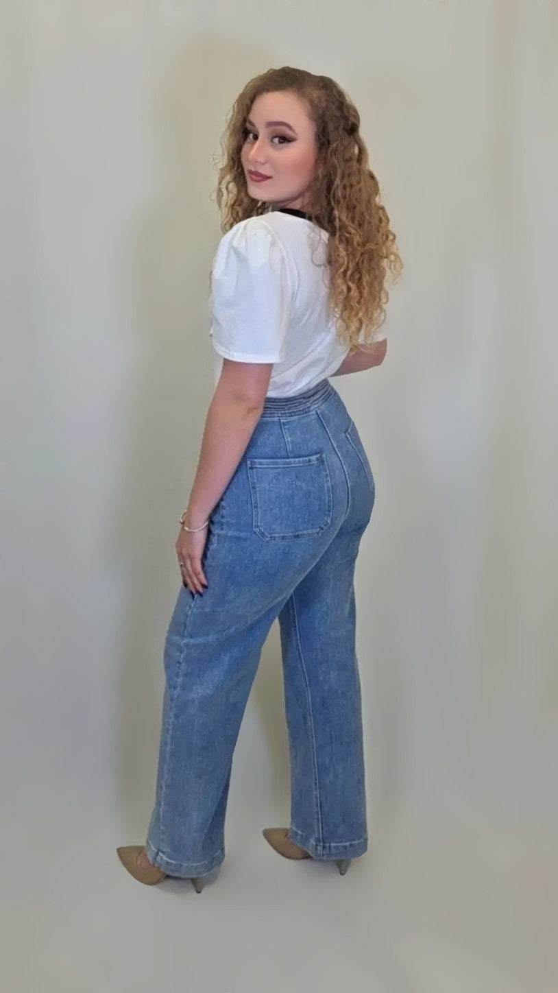 Retro Sailor High-Waisted Jeans – Button Detail Edition