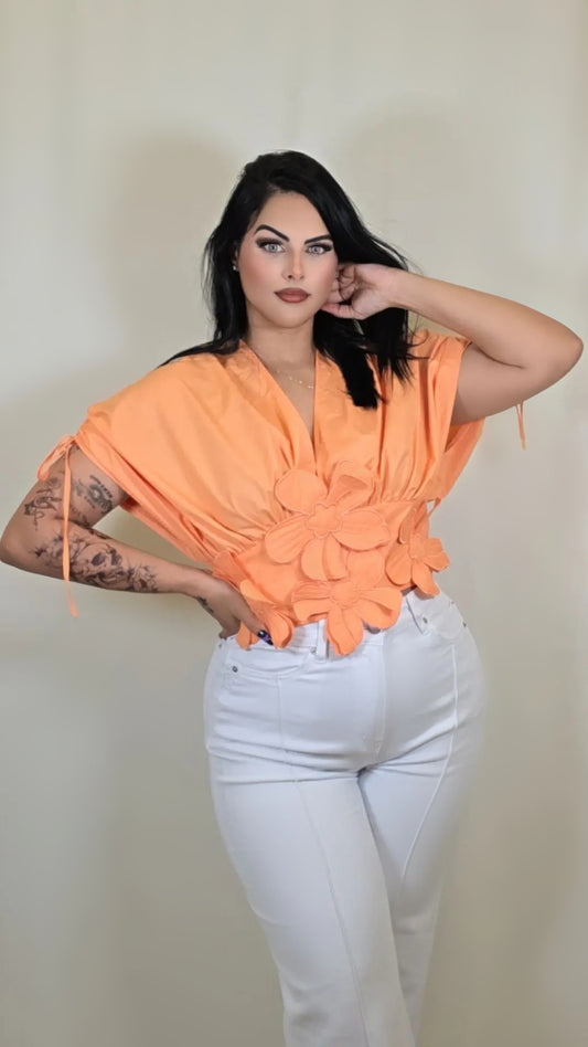 Flower Front Ruffle Sleeve Crop Blouse
