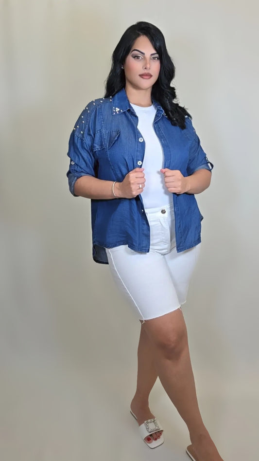 Pearl Beading Button Down Long Sleeve Shirt