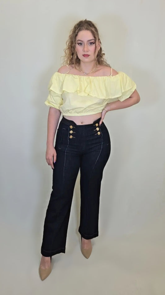 Nautical Noir High-Waisted Jeans – Gold Button Detail
