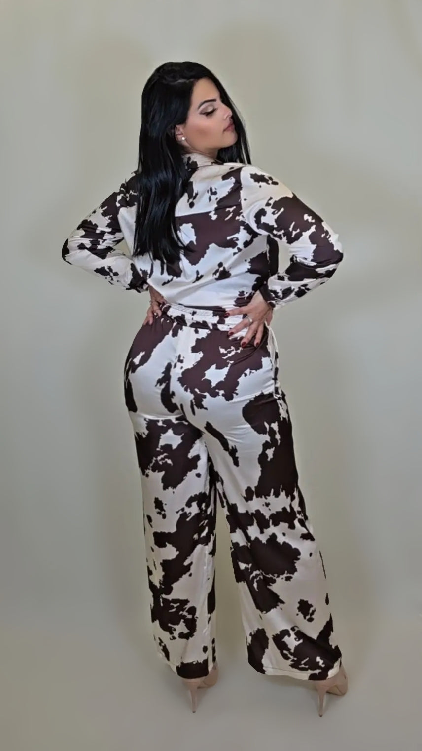 Satin Cow Print Long Sleeve Shirt Pants Set