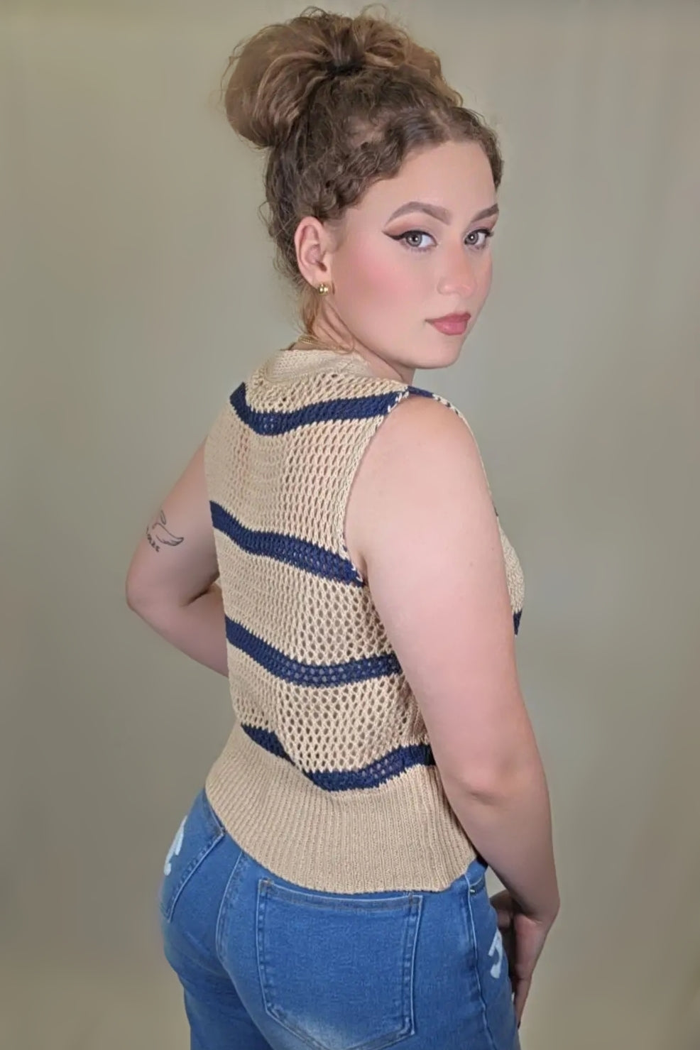 Coastal Knit Striped Vest – Beige & Navy Edition