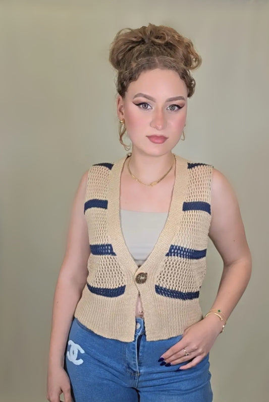 Coastal Knit Striped Vest – Beige & Navy Edition