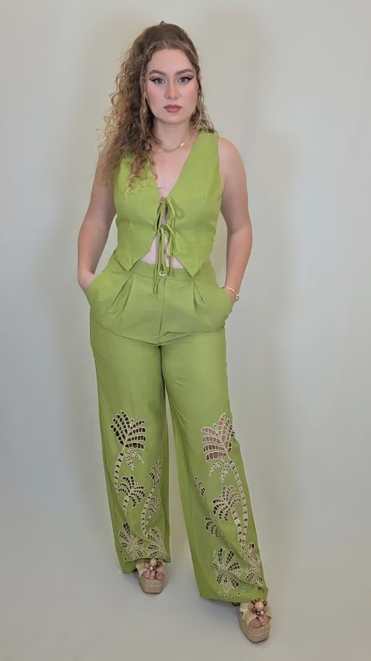 Palm Breeze Cutout Jumpsuit – Olive Embroidery Edition