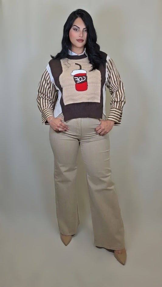 Long Sleeve Striped Blouse With Chocolate Vest