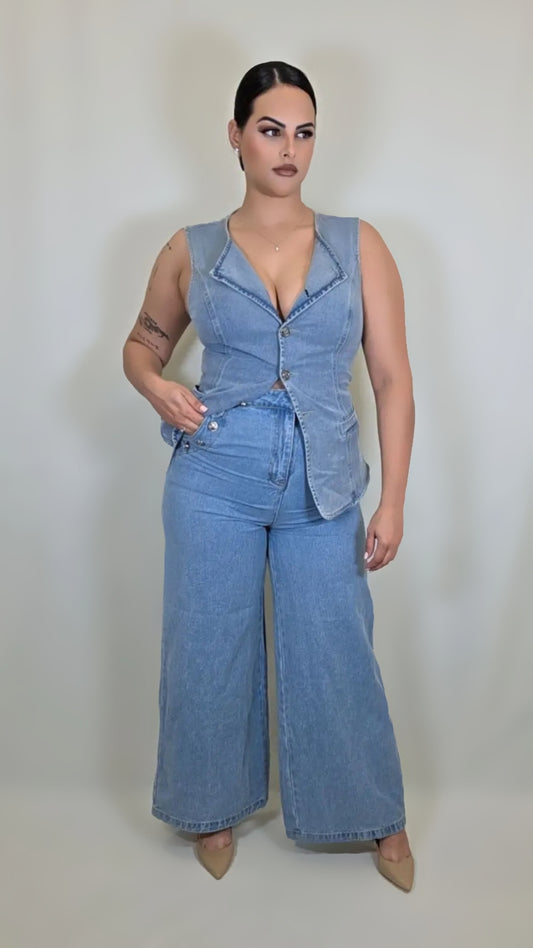 Washed Wide Leg Denim Set of Pants With Vest