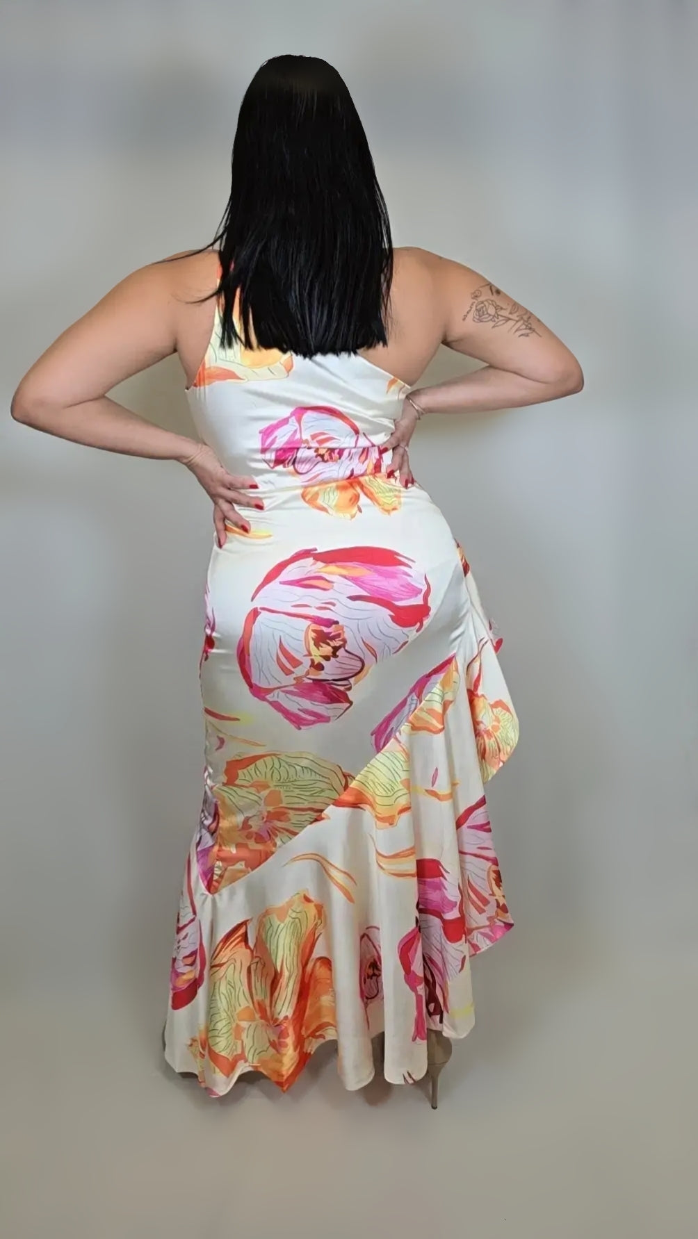 One Shoulder Floral Print Satin Dress