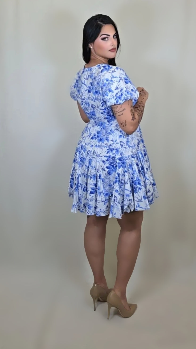 Short Sleeve Belted Floral Mini Dress
