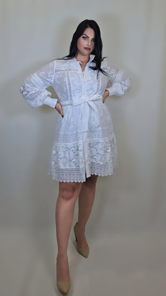Summer White Short Dress Women Elegant Lace Stitching