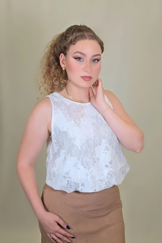 Delicate Lace Sleeveless Blouse – Soft White Bloom