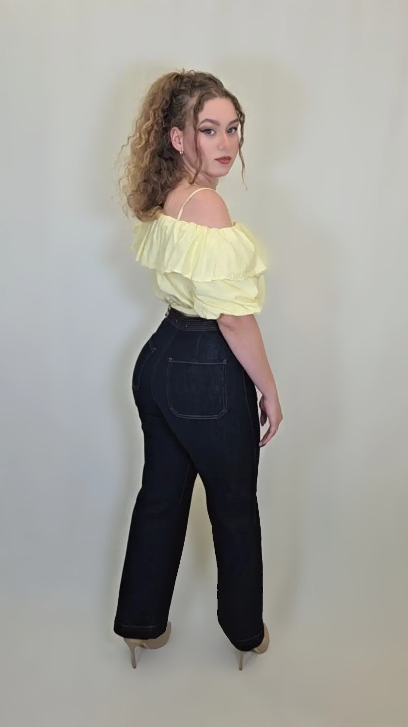 Nautical Noir High-Waisted Jeans – Gold Button Detail