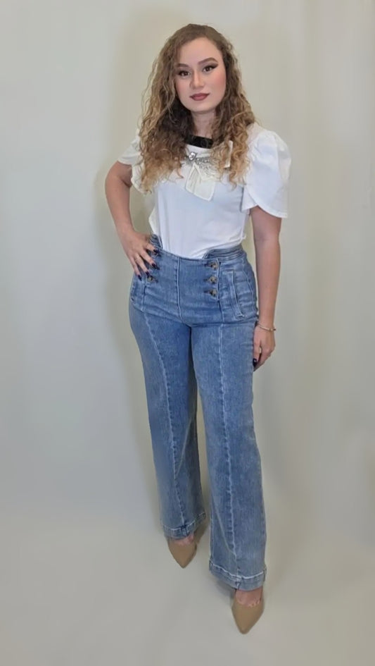 Retro Sailor High-Waisted Jeans – Button Detail Edition
