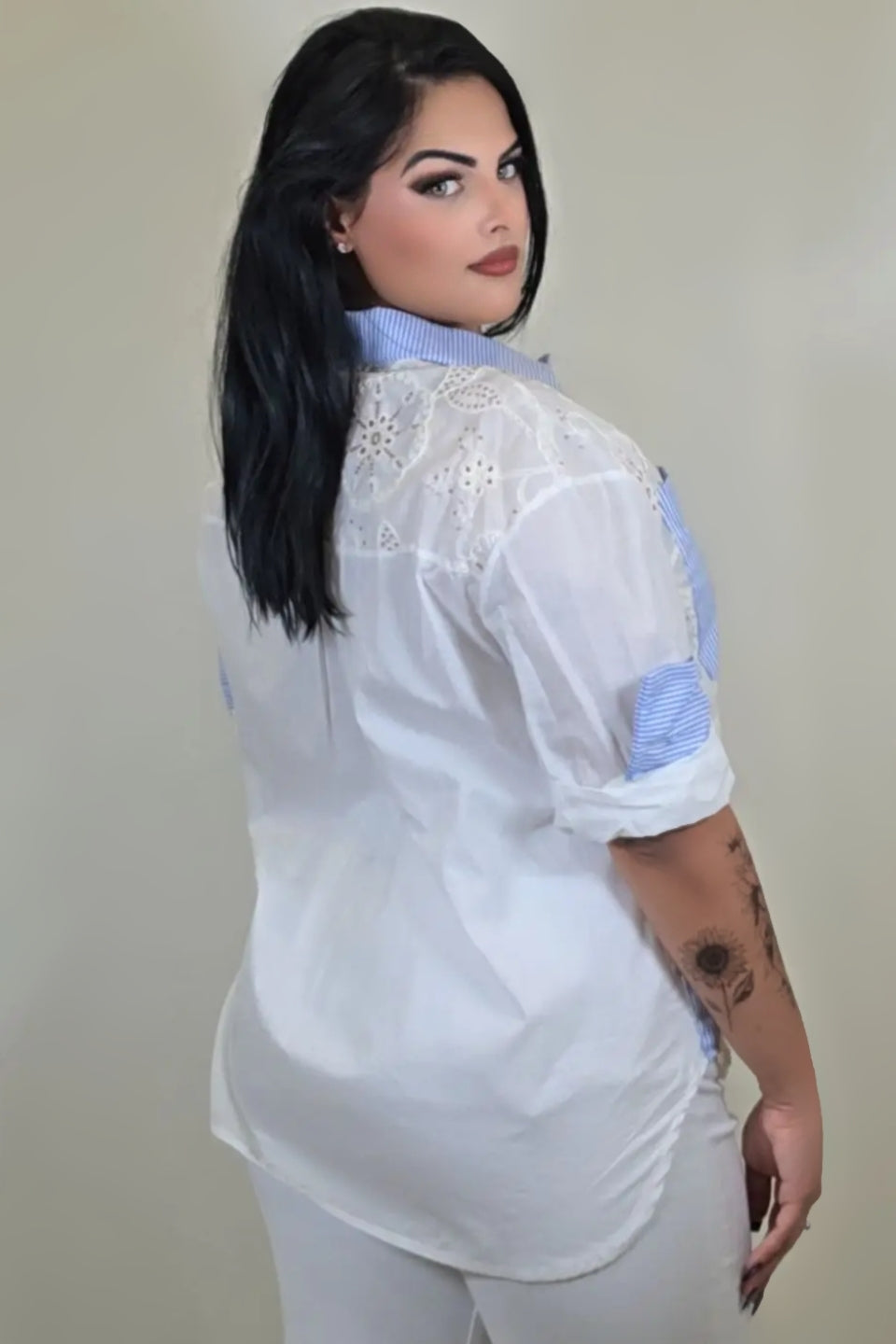 Washed Denim & Lace Button Front Top
