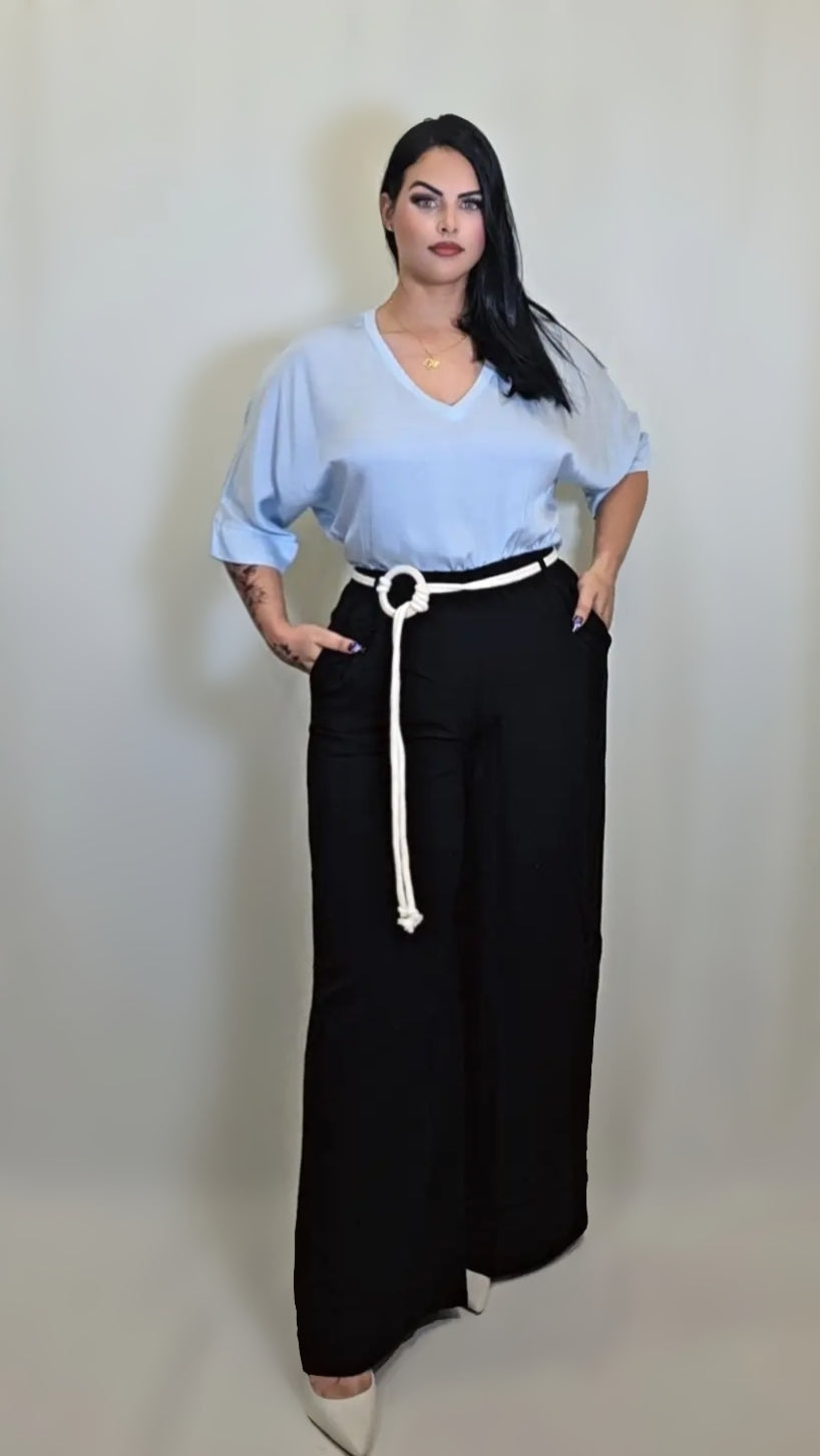 Black Wide-Leg Trousers With Rope Belt