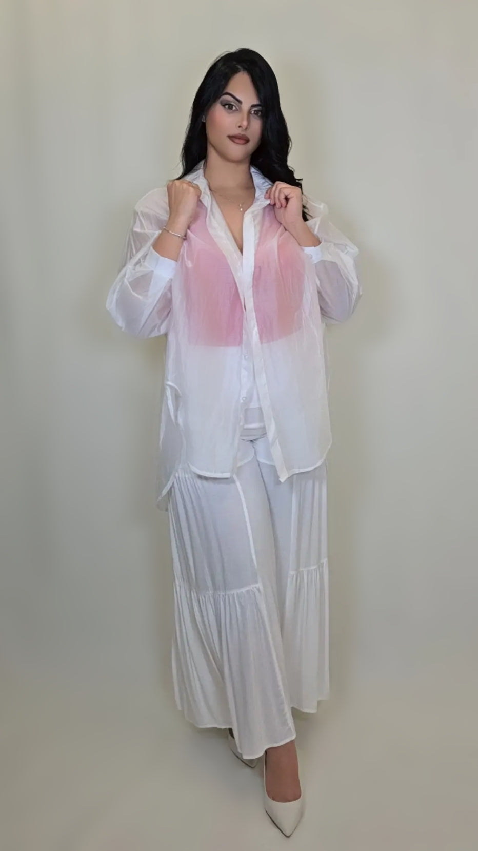 Long Sleeve Button Drop Sheer Shirt